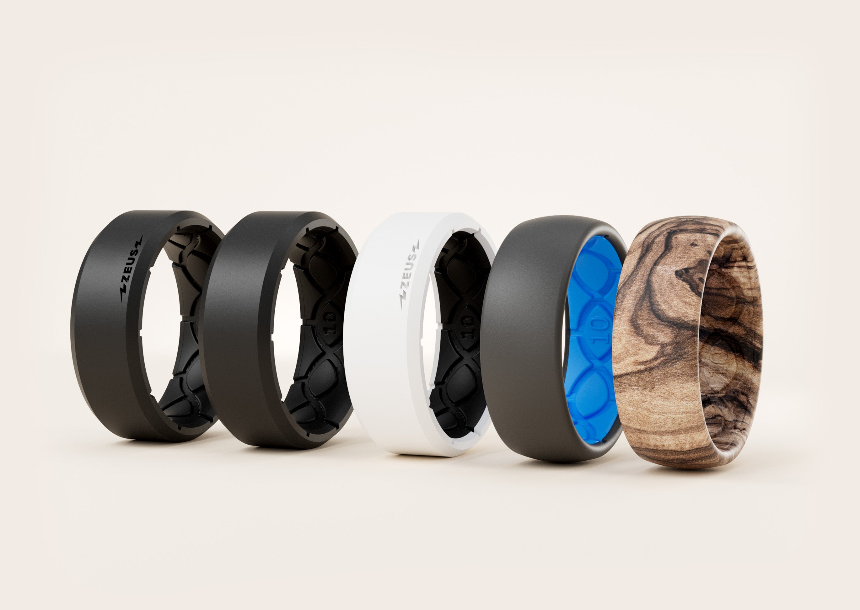 black ring, white ring, grey and blue ring, walnut camo ring